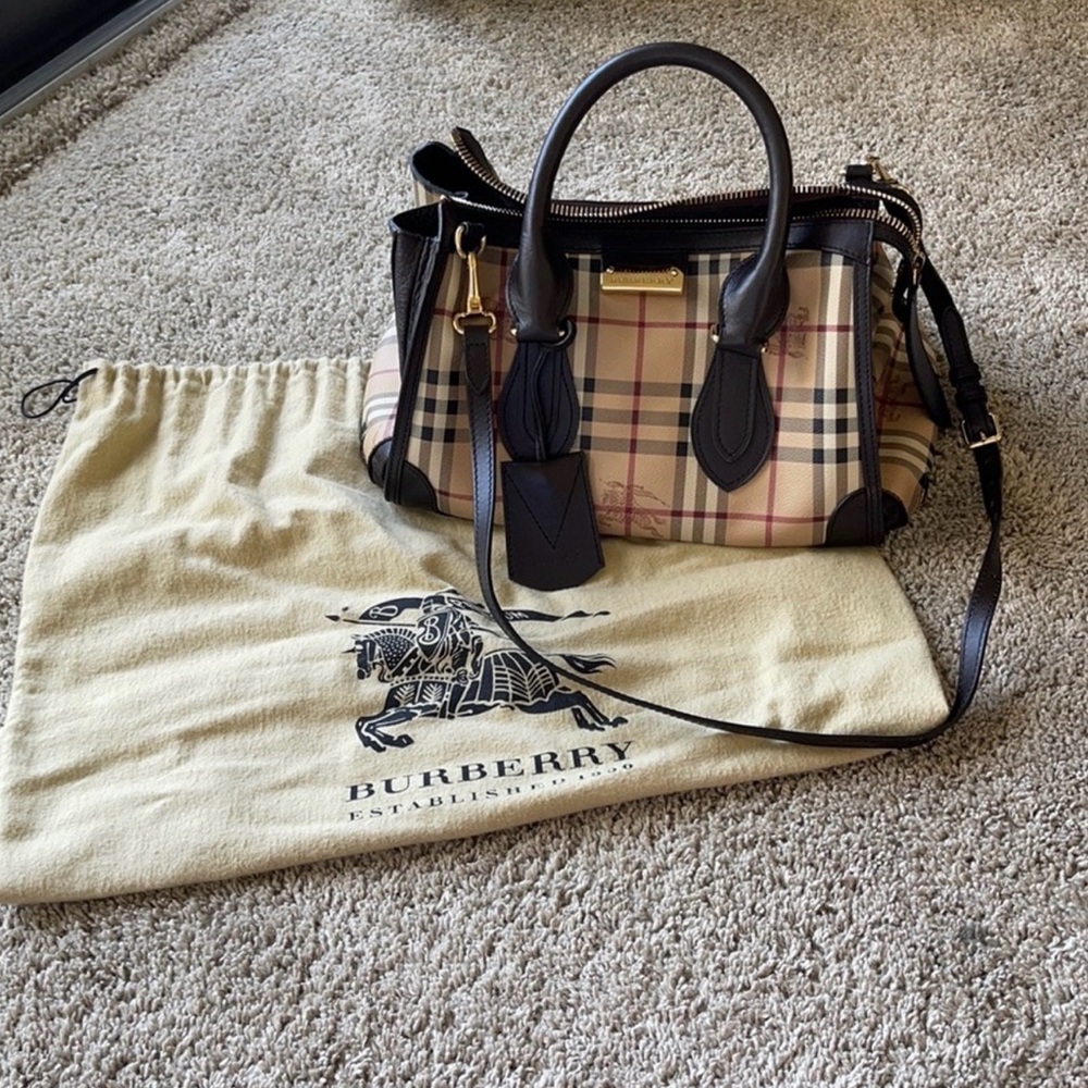 Authentic Burberry Tan Nova Check Satchel with Dark Brown Trim